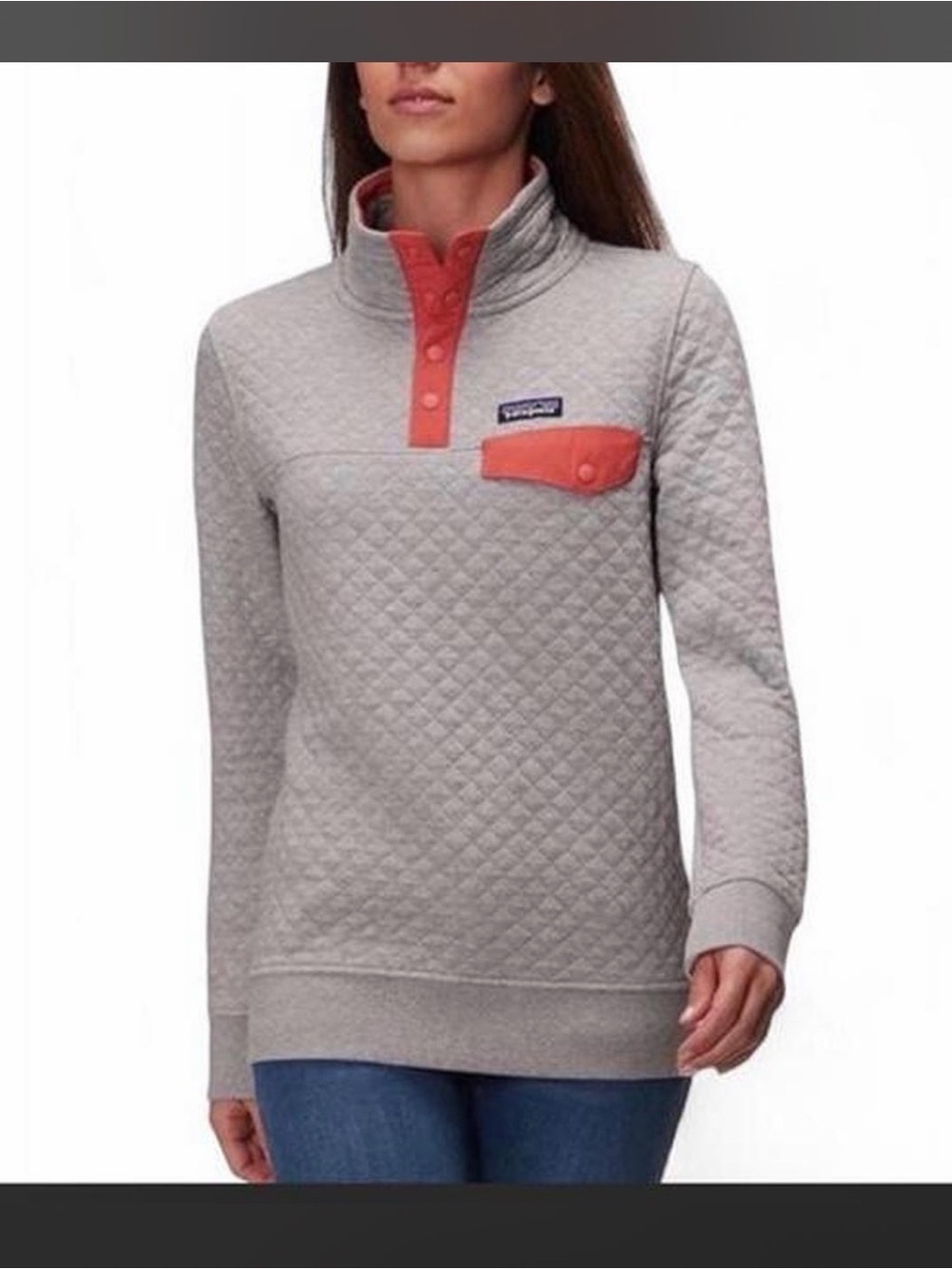 Patagonia Quilted Snap Pullover in Light Gray with Coral Trim